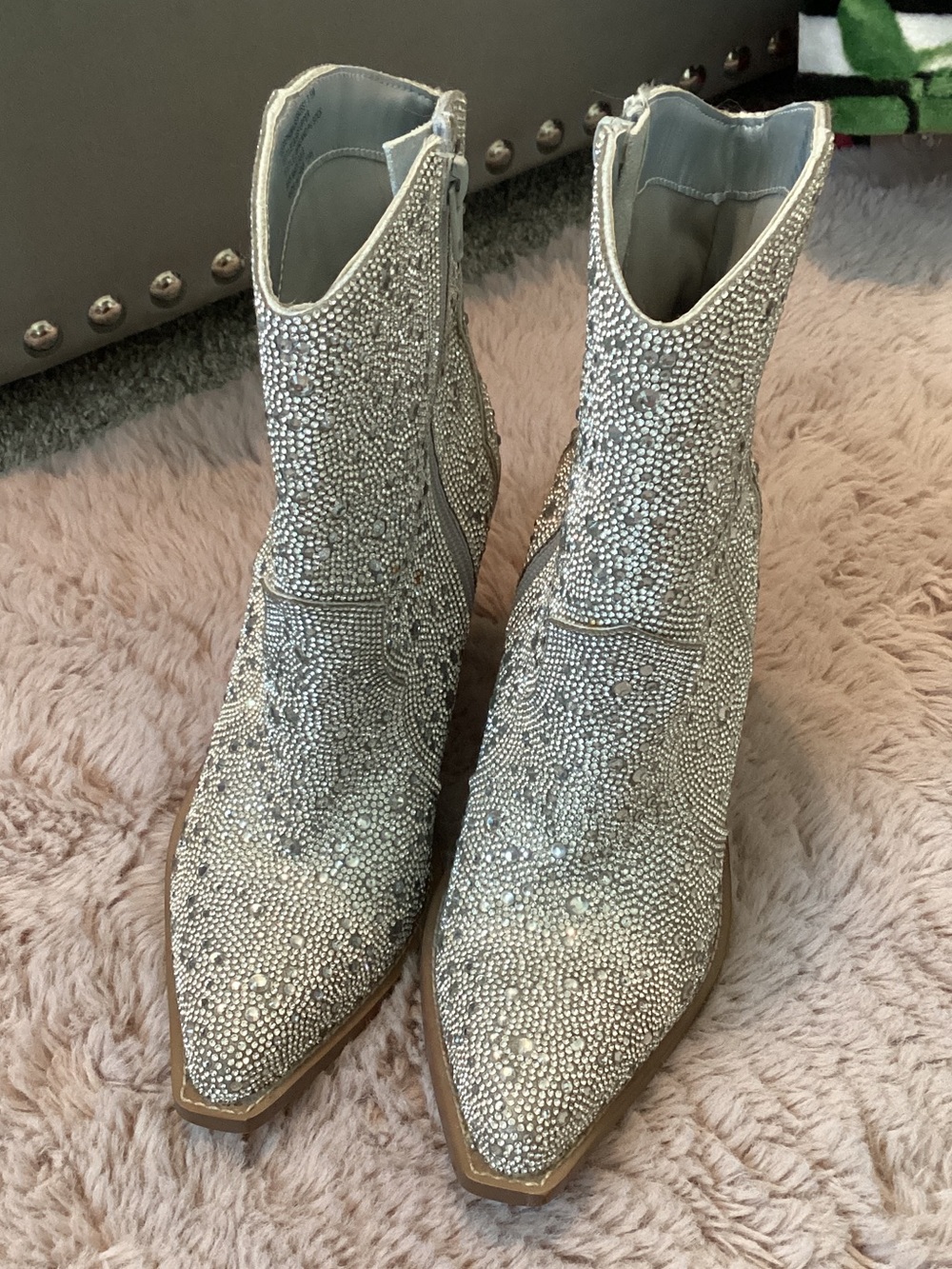 Steve Madden Silver Crystal-Encrusted Pointed Ankle Booties